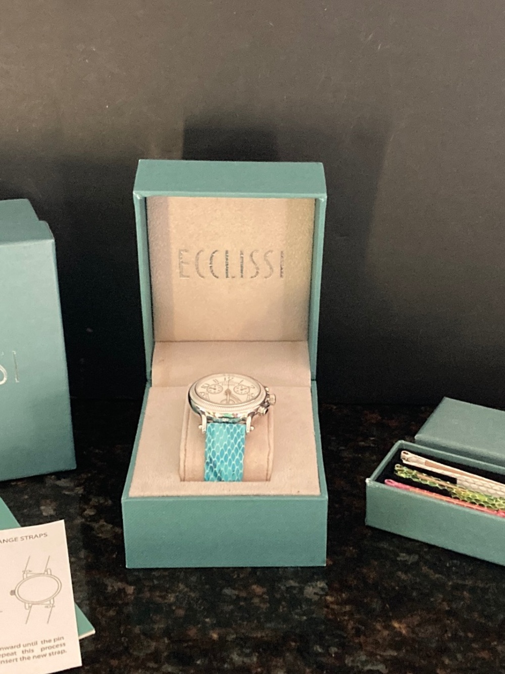 Ecclissi Sterling Multi-Function Chronograph Watch/Snakeskin Embossed Straps/NIB